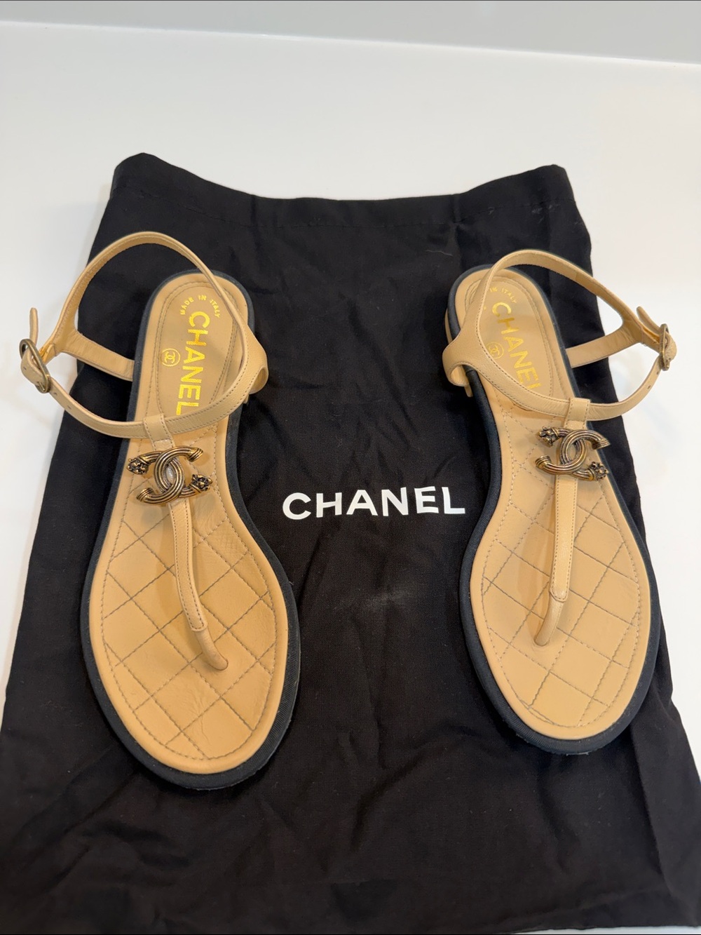 CHANEL Beige Quilted T-Strap Sandals with CC Logo